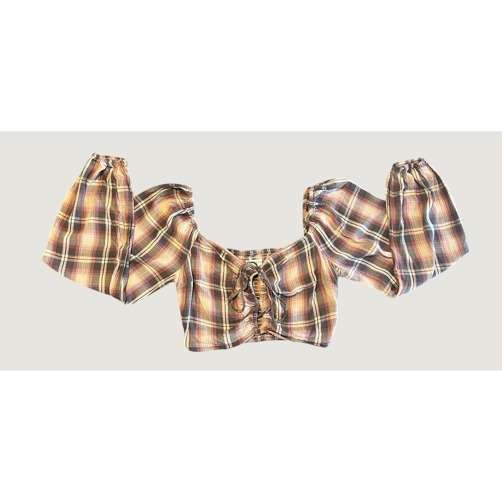 Aeropostale Plaid Tie Front Crop Top Balloon Sleeve Burgundy Tan Medium 1572